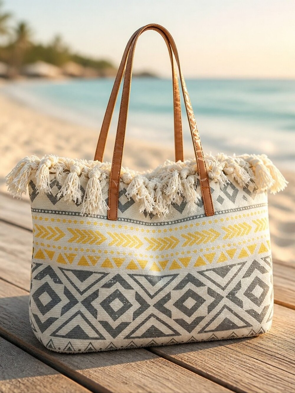 Le Miel | Boho Aztec Canvas Big Summer Beach Bag w/Tassels